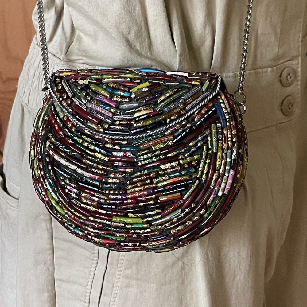 Tara Style Beaded Crossbody Bag Multicolor Evening Purse Silver Chain EUC